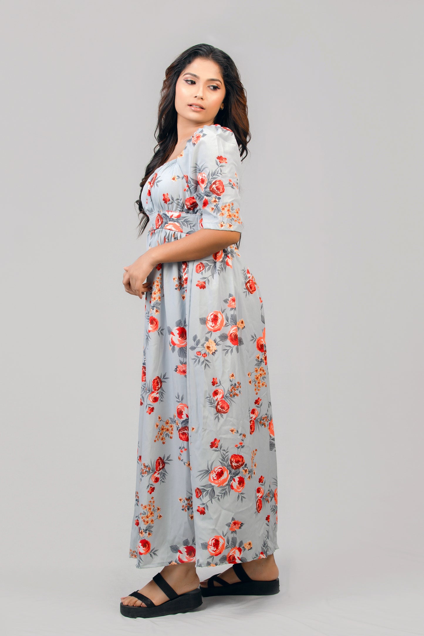 Rose Floral Printed Half Sleeve Maxi Dress