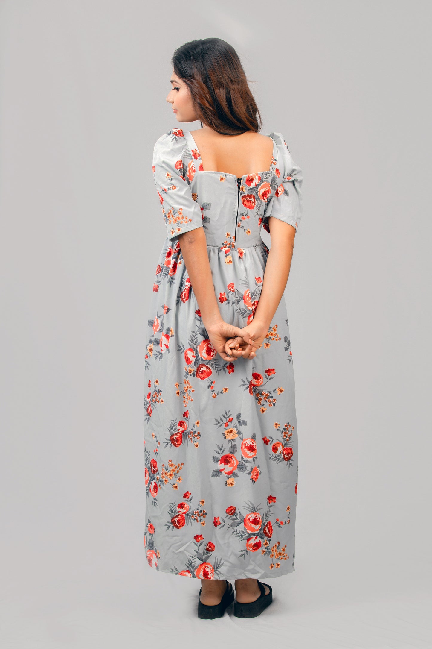 Rose Floral Printed Half Sleeve Maxi Dress