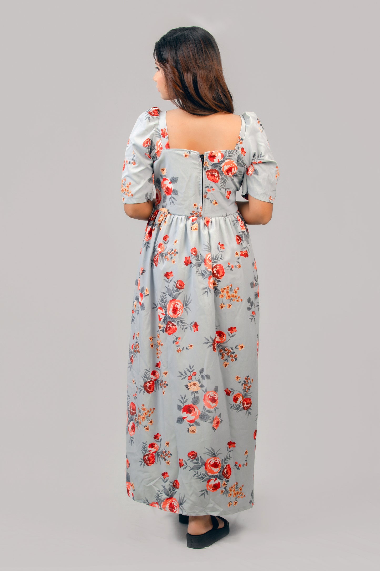 Rose Floral Printed Half Sleeve Maxi Dress