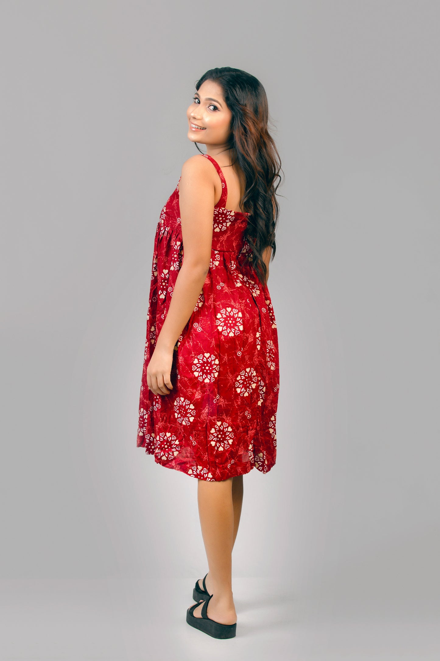 Bra Cut Red Heart Waist Gathered Dress