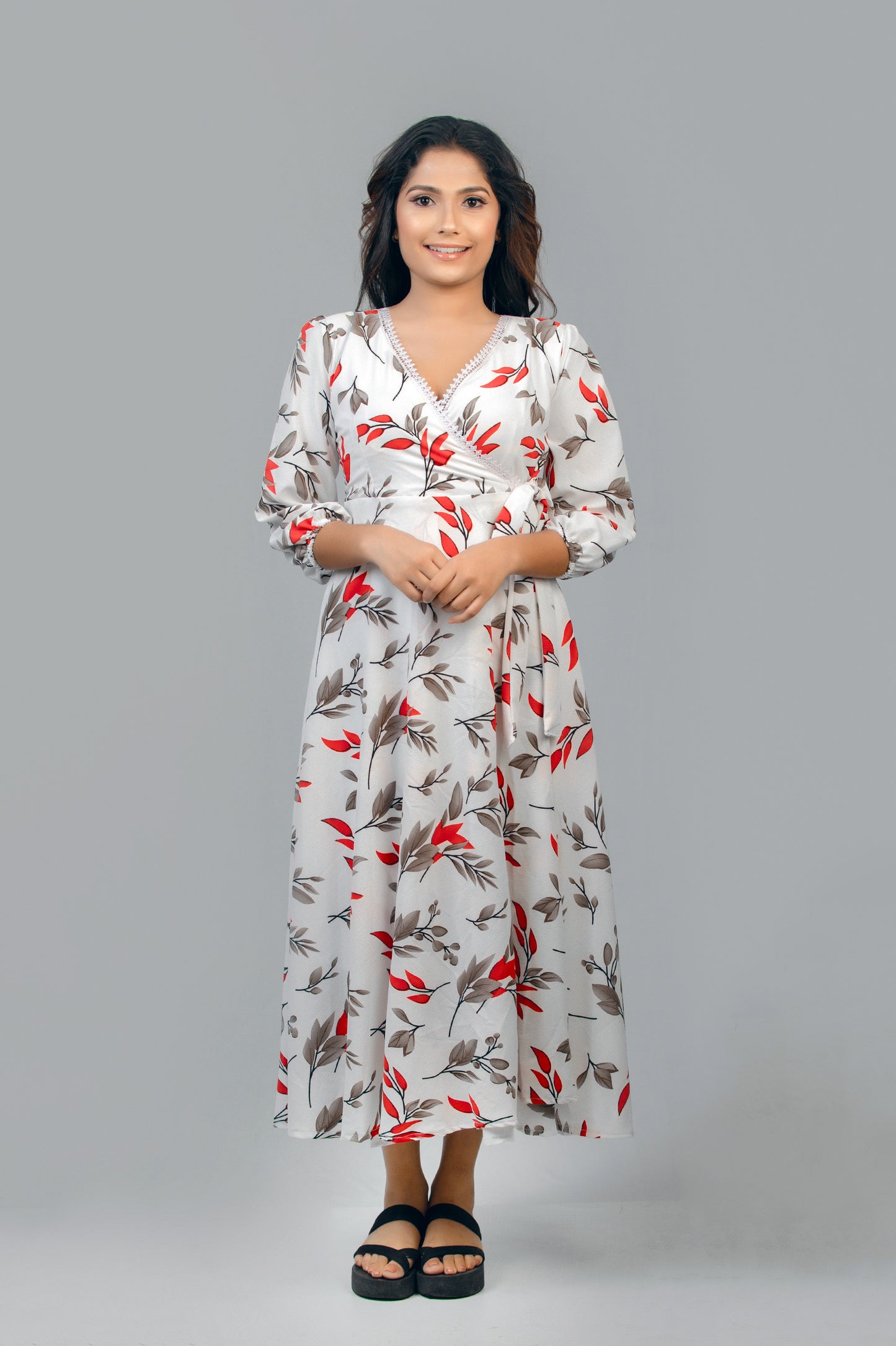 Elegant Red Floral Printed Maxi Wrapper Dress