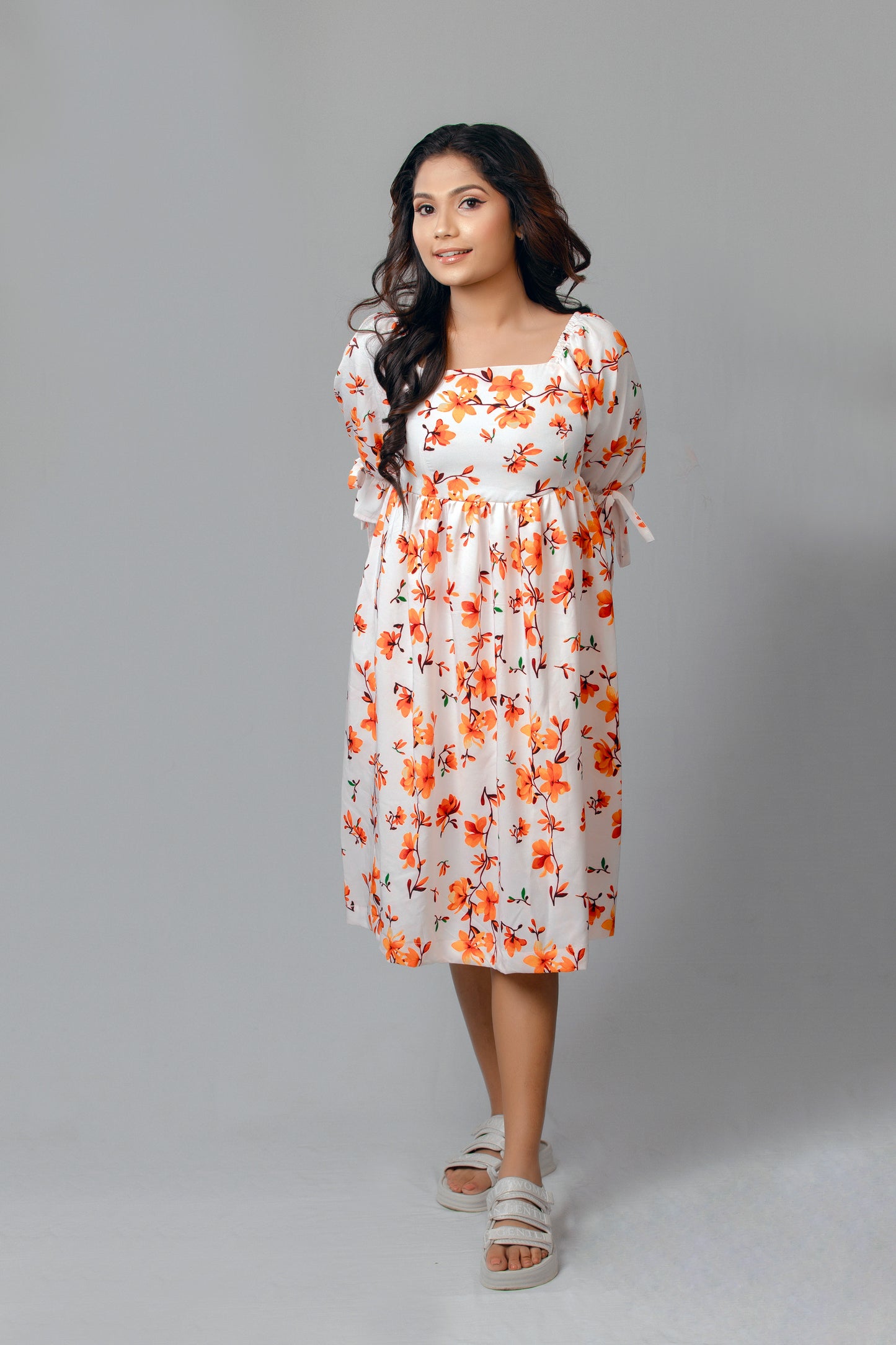 Orange Floral Printed Mid Sleeve Midi Dress