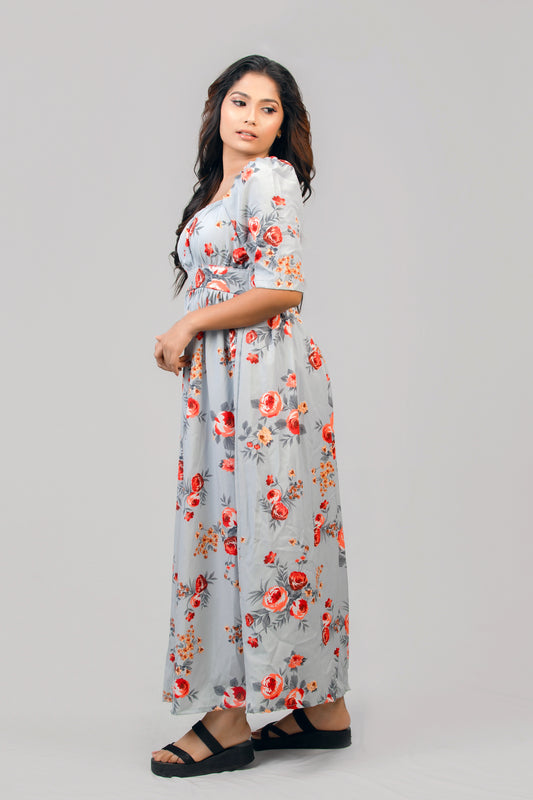 Rose Floral Printed Half Sleeve Maxi Dress