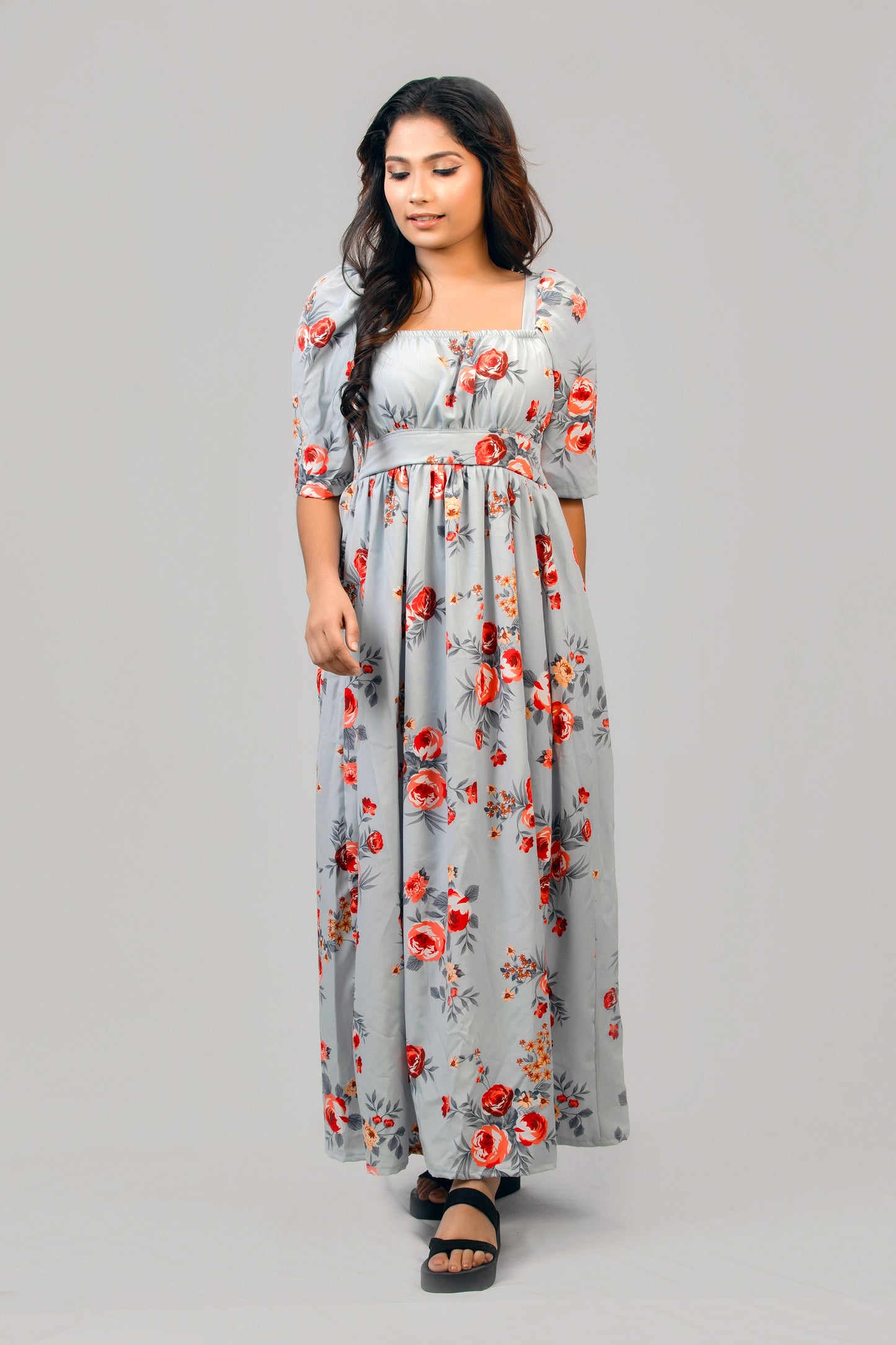 Rose Floral Printed Half Sleeve Maxi Dress