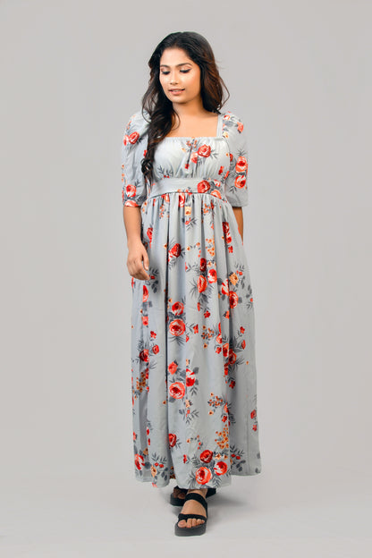 Rose Floral Printed Half Sleeve Maxi Dress