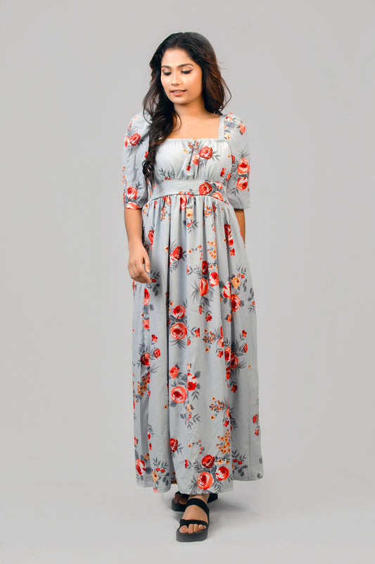 Rose Floral Printed Half Sleeve Maxi Dress