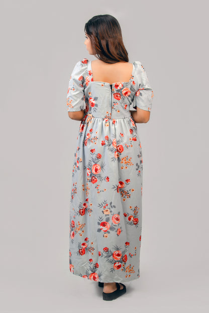 Rose Floral Printed Half Sleeve Maxi Dress