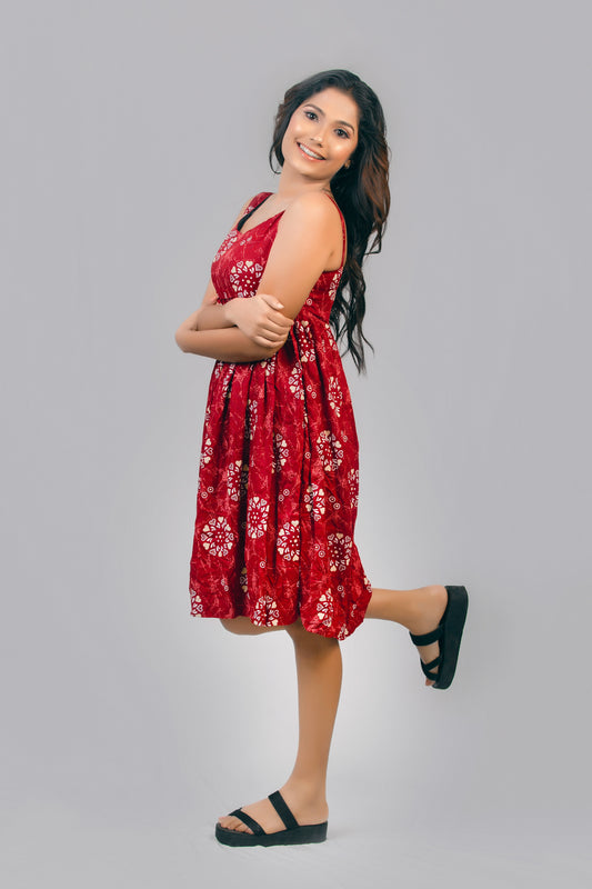 Bra Cut Red Heart Waist Gathered Dress