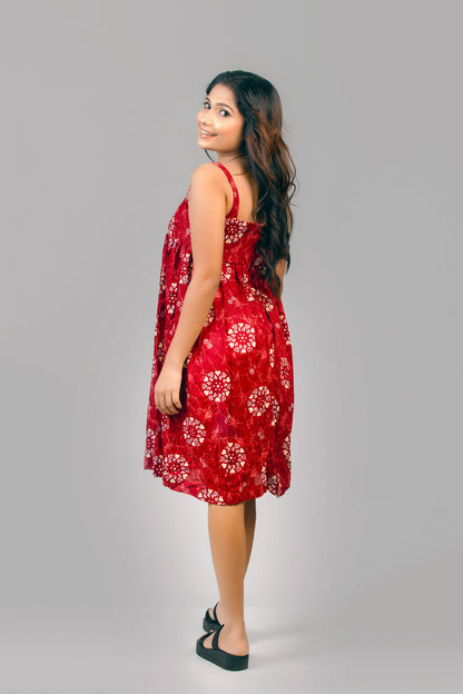 Bra Cut Red Heart Waist Gathered Dress