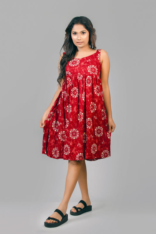 Bra Cut Red Heart Waist Gathered Dress