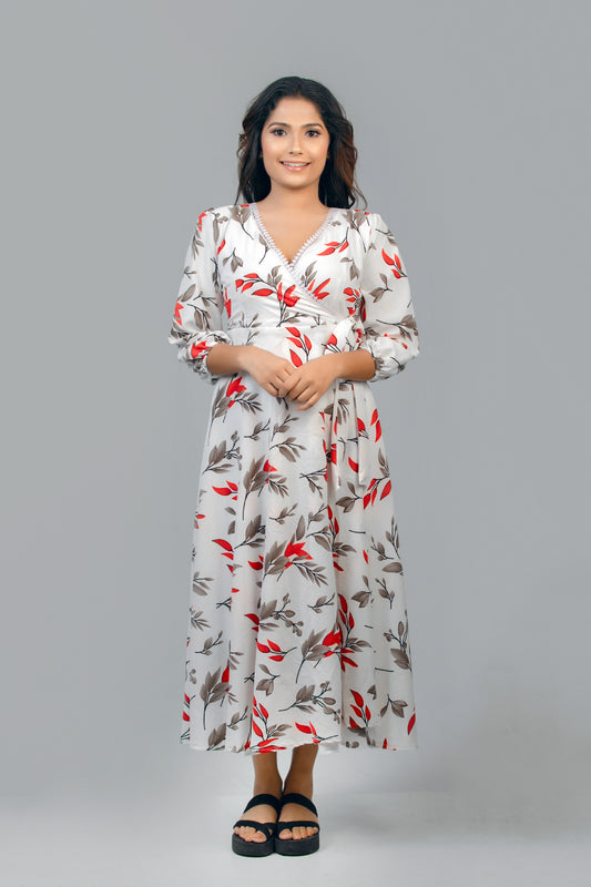 Elegant Red Floral Printed Maxi Wrapper Dress