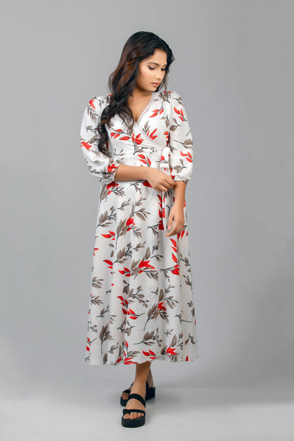 Elegant Red Floral Printed Maxi Wrapper Dress
