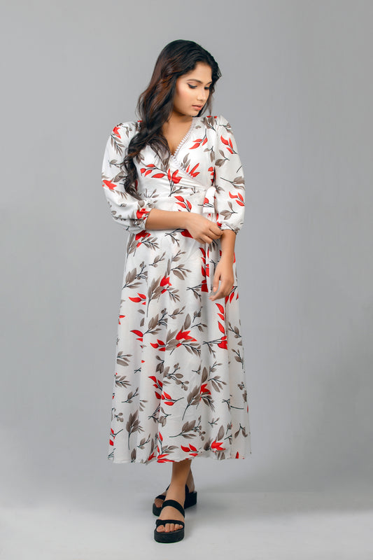Elegant Red Floral Printed Maxi Wrapper Dress