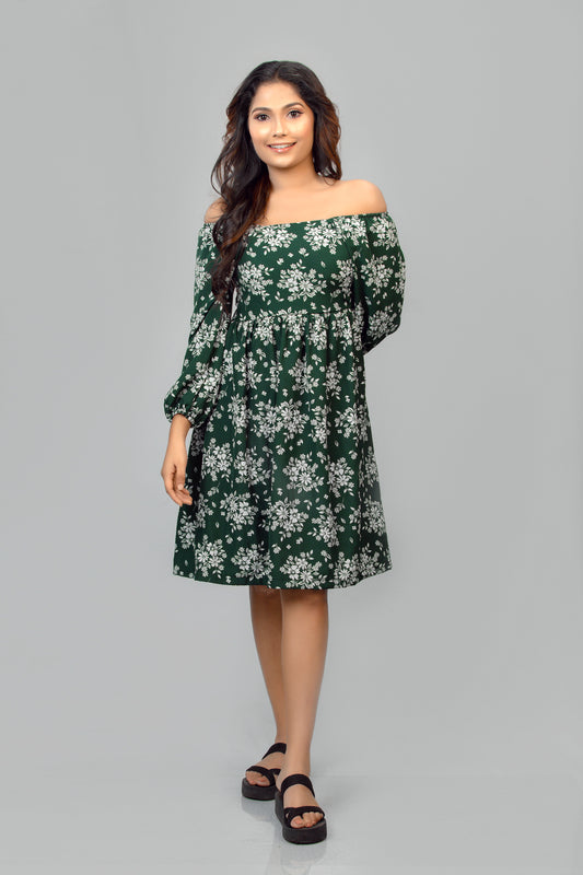 Grass Green Floral Printed Mini Dress