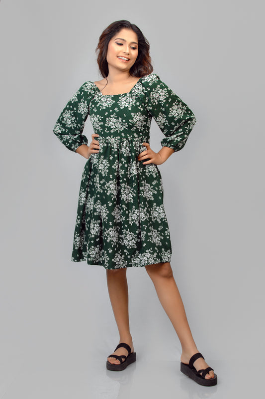 Grass Green Floral Printed Mini Dress
