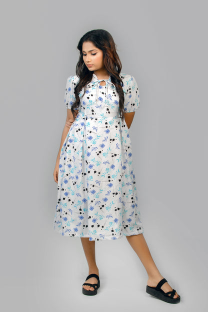 Ocean Accent Floral Lase Tie Neck Midi Dress