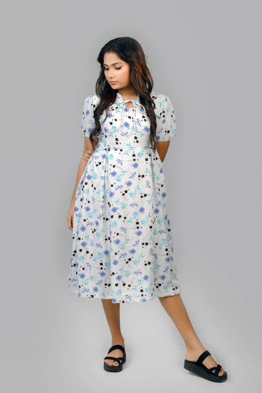 Ocean Accent Floral Lase Tie Neck Midi Dress