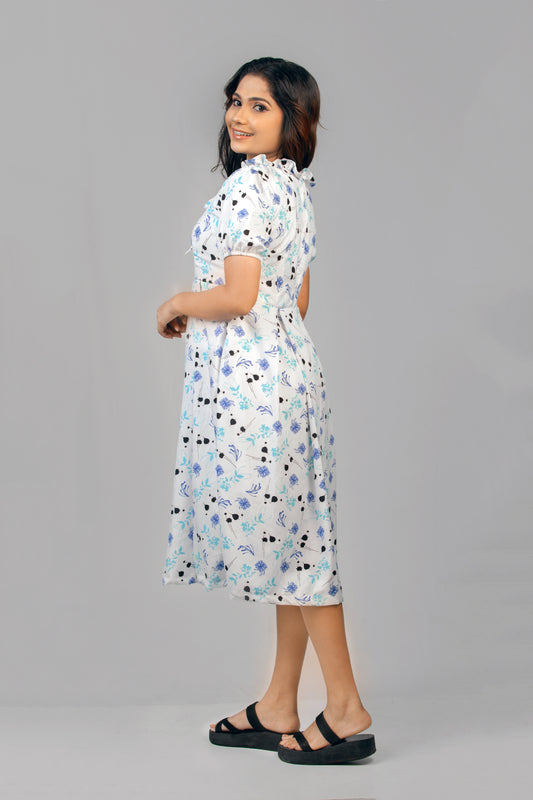 Ocean Accent Floral Lase Tie Neck Midi Dress