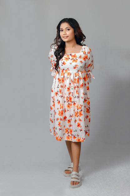 Orange Floral Printed Mid Sleeve Midi Dress