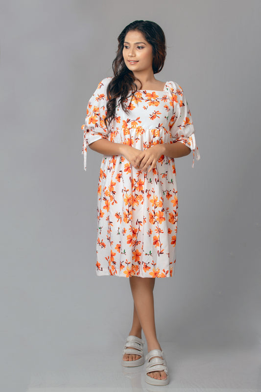 Orange Floral Printed Mid Sleeve Midi Dress